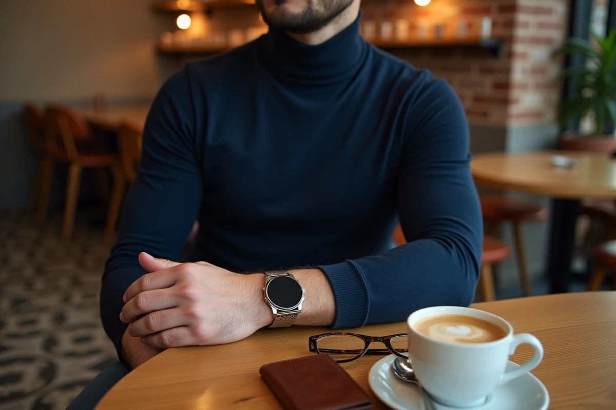 Homme tendance dans un café portant une montre minimaliste, des lunettes en acétate écaille et un porte-cartes en cuir sur une table en bois