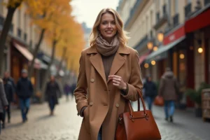 Femme élégante portant un manteau camel, un foulard en soie et un sac en cuir structuré dans une rue pavée parisienne en automne