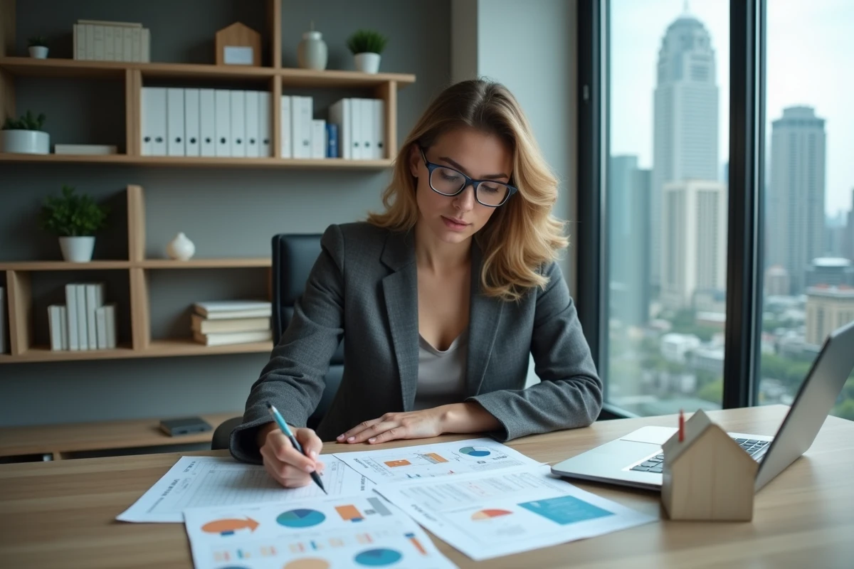 Agente immobilière analysant des rapports d'estimation comparative dans un bureau moderne avec vue urbaine
