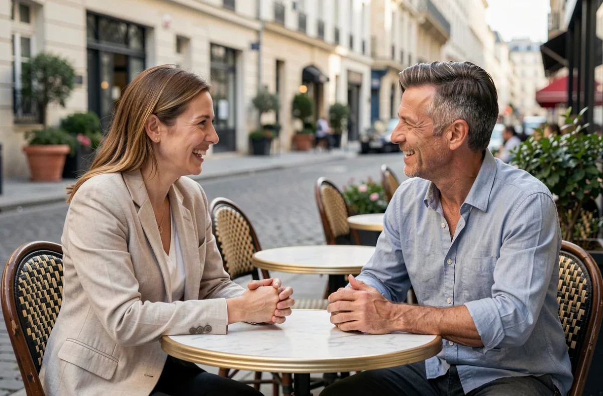 Deux amis en conversation animée à la terrasse d'un café parisien, évoquant l'ambiance conviviale de l'émission On ne m'avait pas dit que