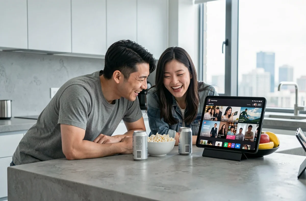 Deux amis asiatiques regardant ensemble des dramas asiatiques en streaming sur une tablette dans une cuisine moderne