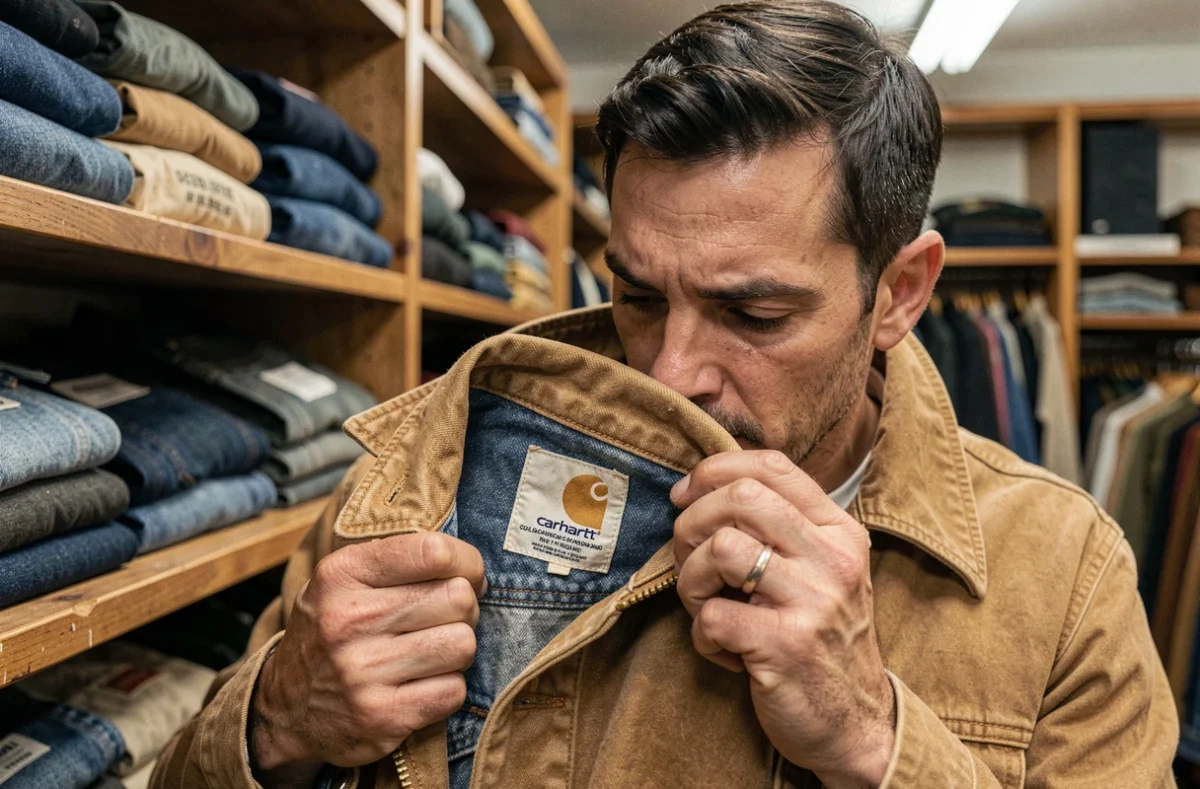 Homme examinant l'étiquette intérieure d'une veste Carhartt authentique dans une boutique de vêtements de travail vintage