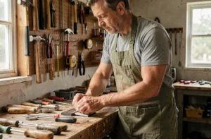 Homme bricoleur arrangeant ses outils essentiels sur un établi en bois dans un atelier de garage à domicile