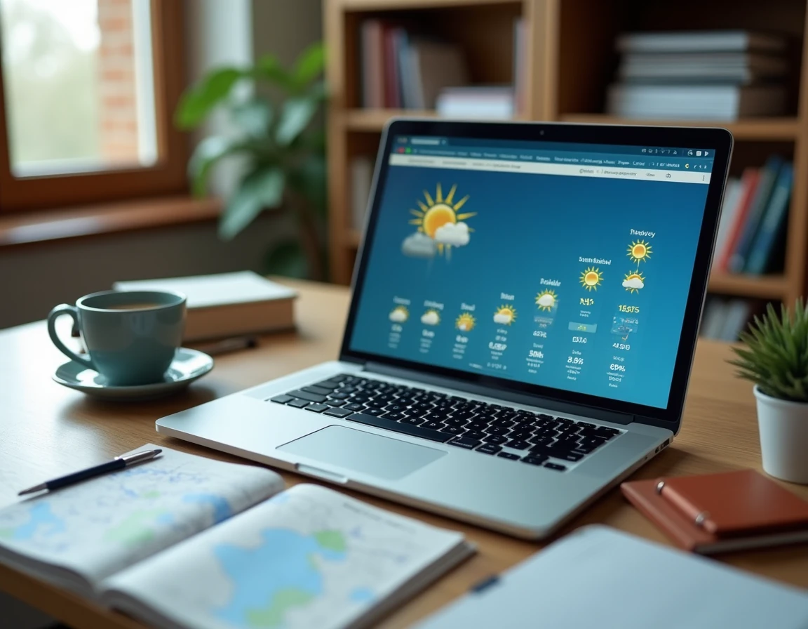 Bureau avec ordinateur affichant un site de prévisions météo françaises et une carte météorologique imprimée