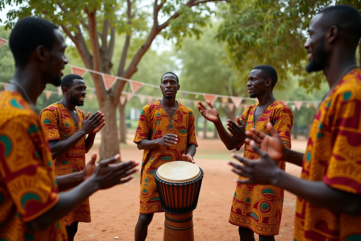 Groupe d'hommes en tenue traditionnelle africaine participant à une cérémonie de percussion communautaire, illustrant la distinction entre coutume collective et tradition culturelle