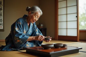 Femme âgée japonaise en yukata traditionnel participant à une cérémonie du thé, illustrant la transmission des coutumes culturelles ancestrales