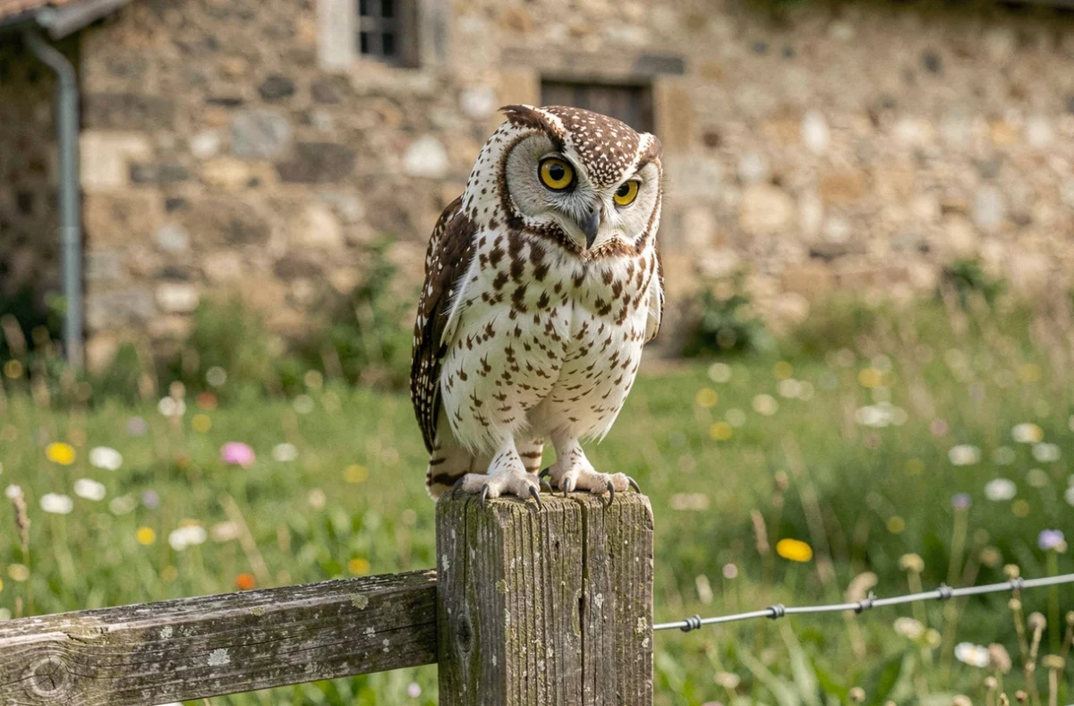 Chevêche d'Athéna posée sur un piquet de clôture en bois dans un jardin rural français