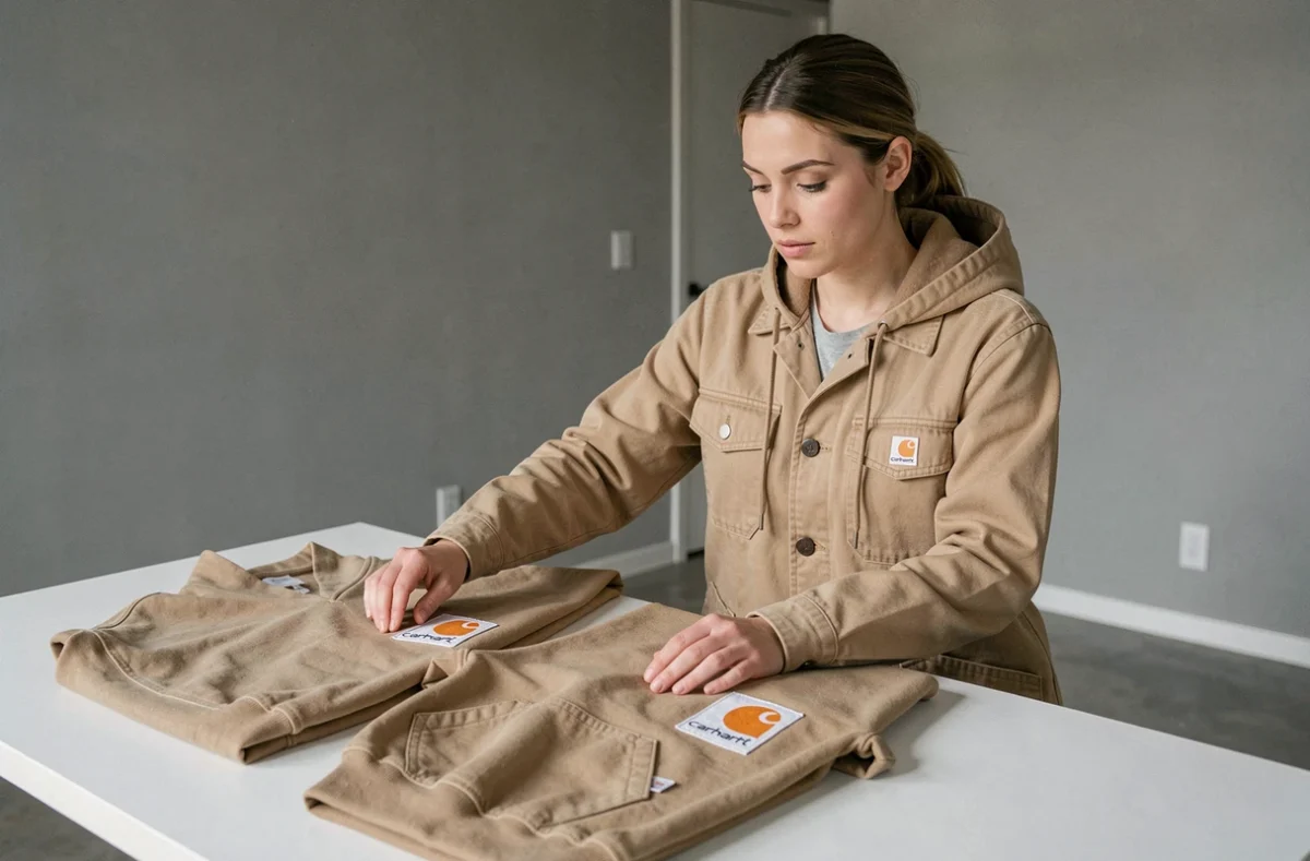 Comparaison côte à côte de deux sweats Carhartt pour identifier les différences d'authenticité sur les coutures et logos