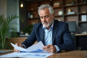 Consultant d'affaires mature analysant des documents financiers