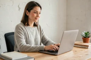 Femme tapant un message sur ordinateur portable pour contacter une équipe éditoriale depuis son bureau à domicile