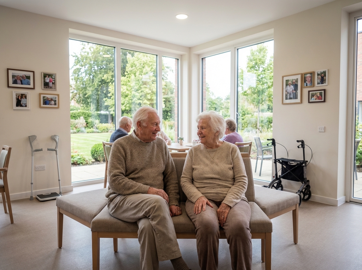 Couple de seniors discutant dans un salon lumineux