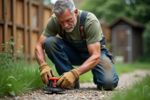 Homme en gants de travail déroulant le fil d'une débroussailleuse dans un jardin