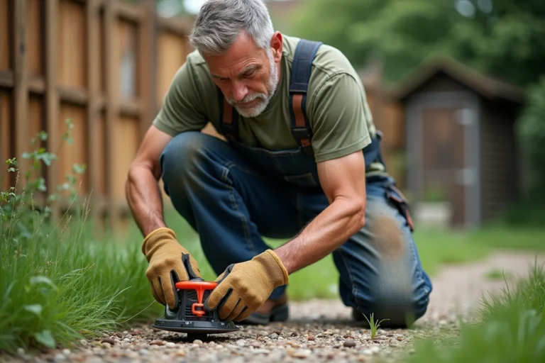 Homme en gants de travail déroulant le fil d'une débroussailleuse dans un jardin
