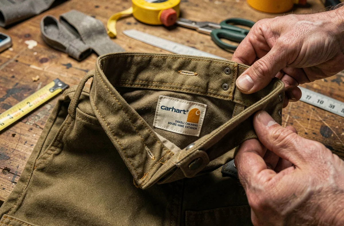 Gros plan sur les détails de fabrication intérieure d'un pantalon Carhartt authentique, montrant les surpiqûres et étiquettes tissées