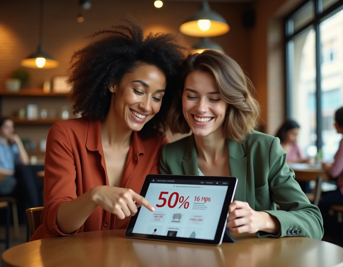 Deux femmes comparant des offres shopping en ligne sur une tablette dans un café urbain chaleureux