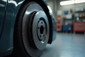 Disque de frein en céramique monté sur une roue de voiture de sport, vue rapprochée des détails de surface composite carbone