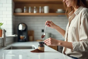 Femme remplissant une dosette réutilisable Senseo avec du café moulu dans une cuisine moderne