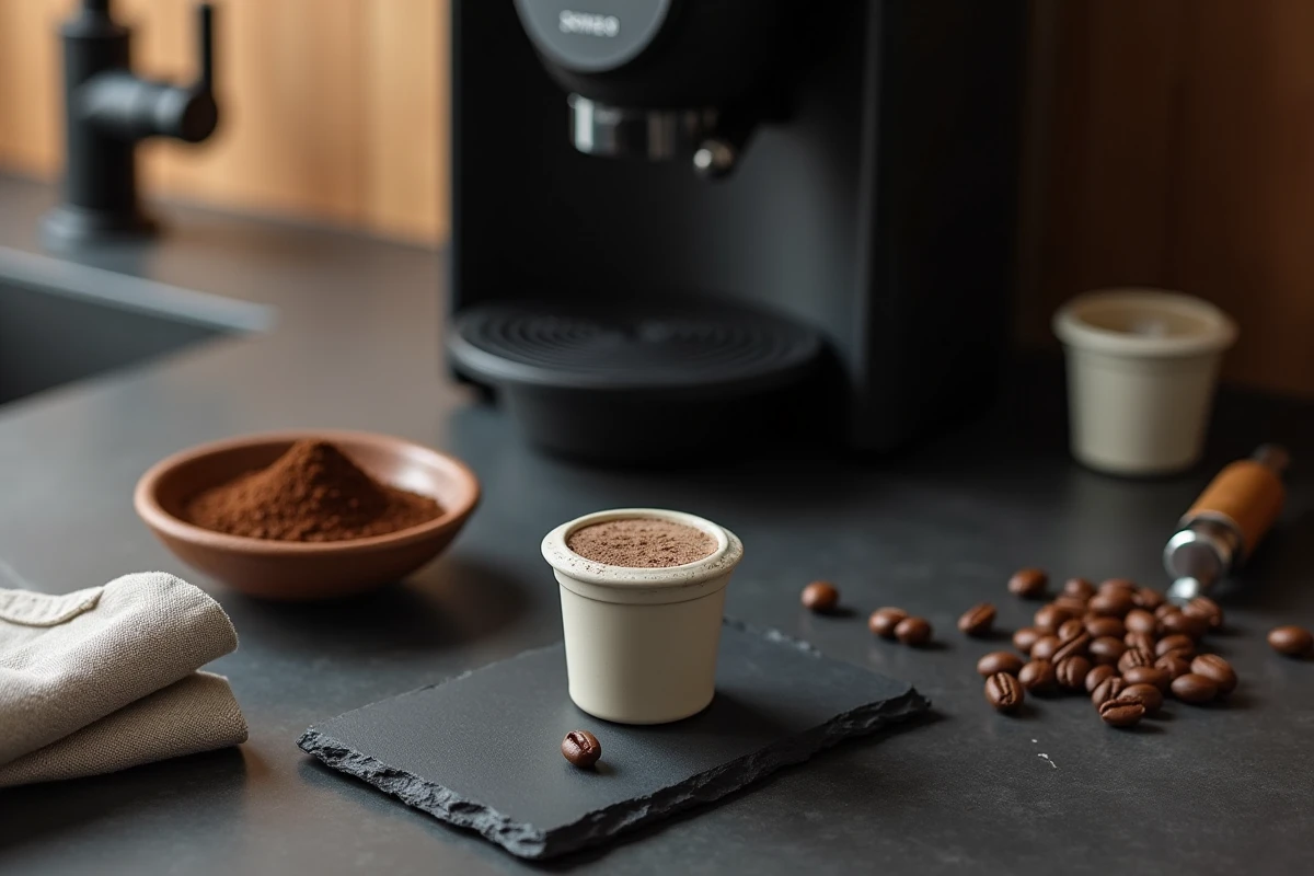 Dosette réutilisable Senseo ouverte avec du café moulu sur un plan de travail en ardoise