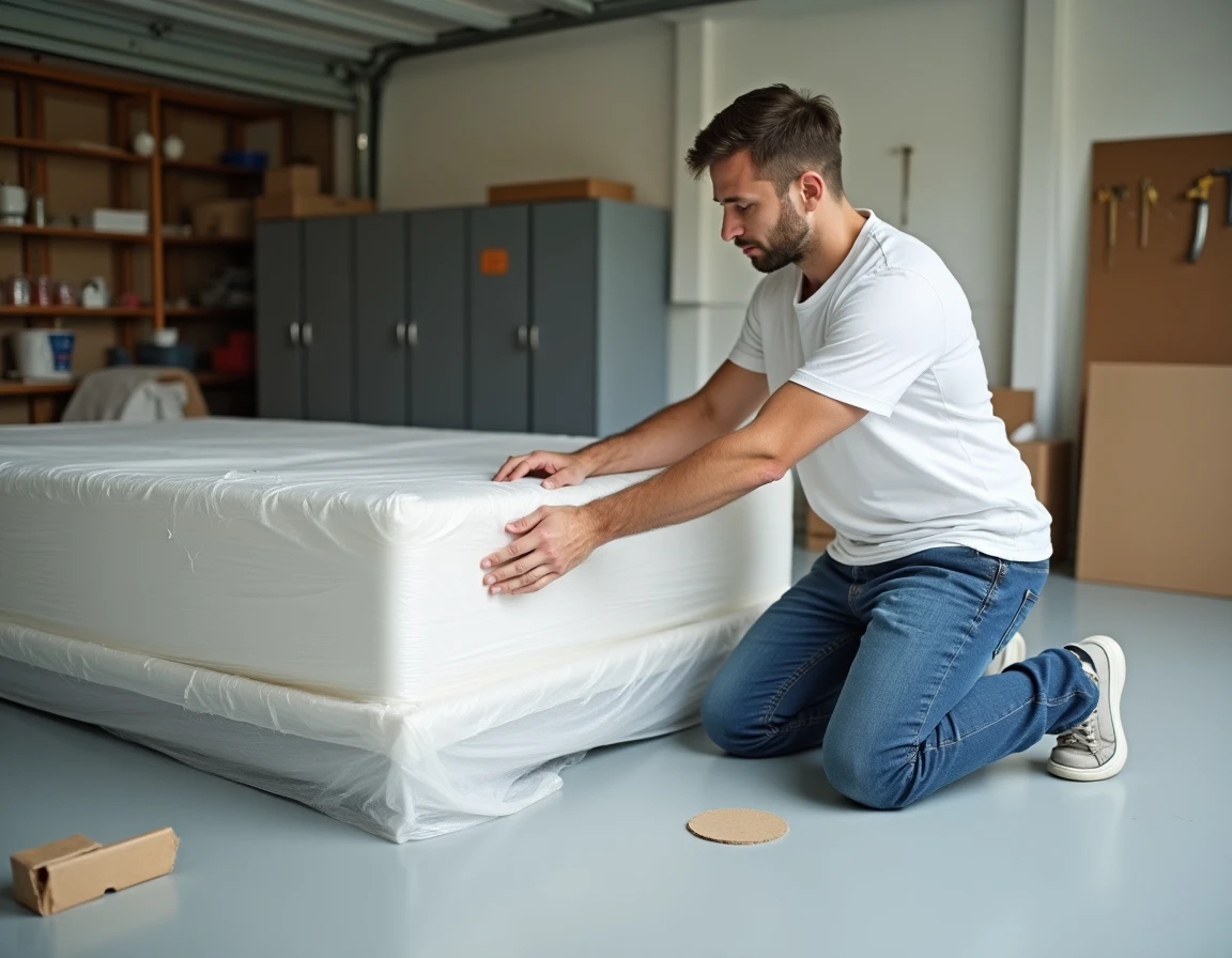 Homme emballant soigneusement un sommier avec des couvertures de déménagement et du film étirable dans un garage