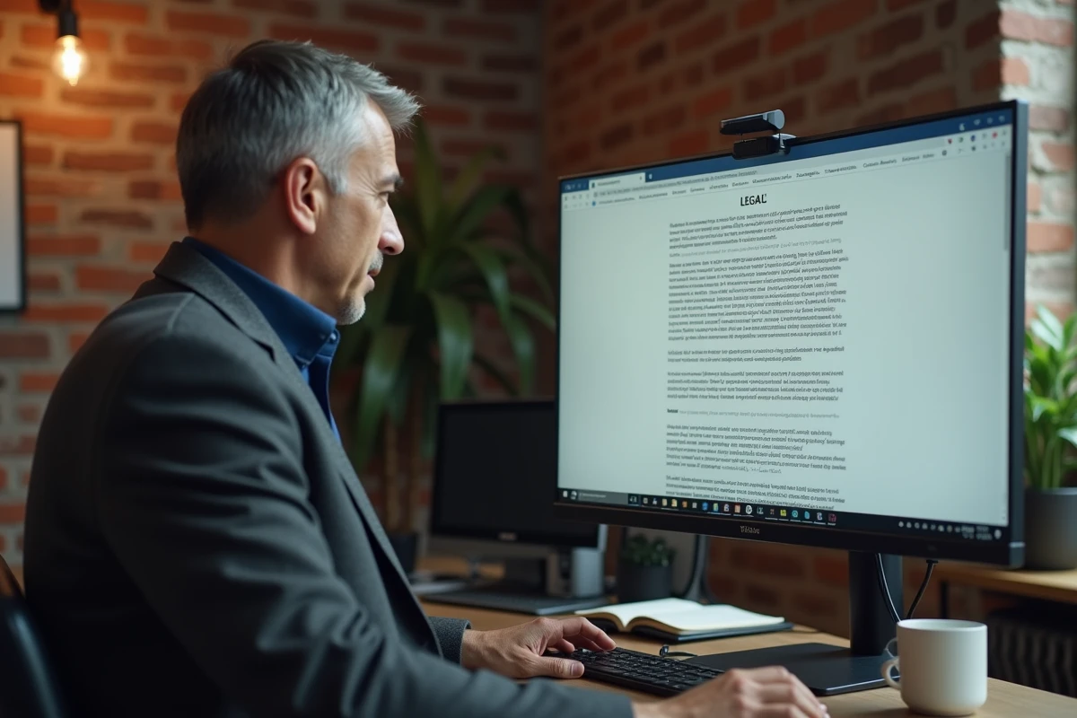 Entrepreneur consultant les obligations légales de son site web depuis son bureau à domicile