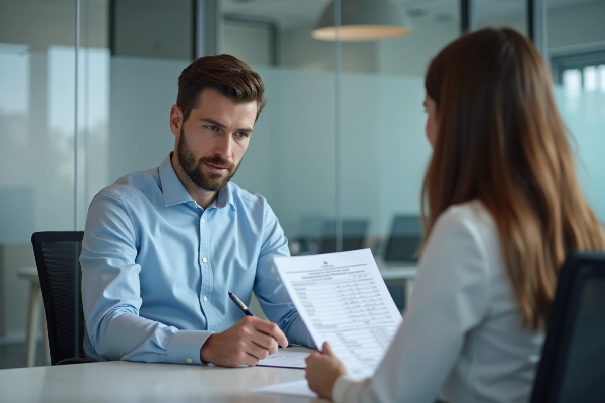 Entretien RH entre un employé et un responsable des ressources humaines pour comparer les statuts professionnels et le salaire net