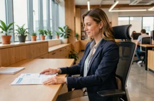 Femme cadre en entreprise ajustant son poste de travail ergonomique pour améliorer sa santé au travail