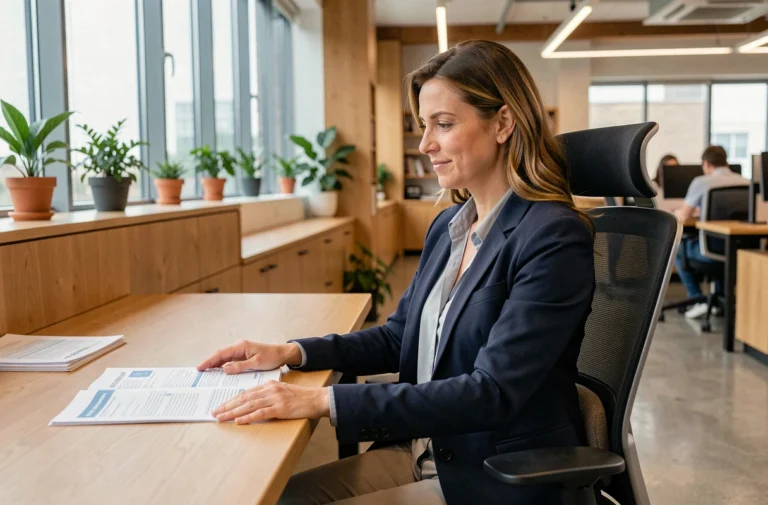 Femme cadre en entreprise ajustant son poste de travail ergonomique pour améliorer sa santé au travail