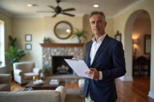 Expert immobilier évaluant un bien résidentiel en tenant un dossier d'estimation dans un salon moderne