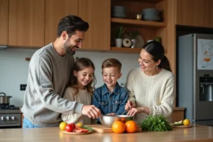 Famille de quatre préparant un repas dans une cuisine chaleureuse
