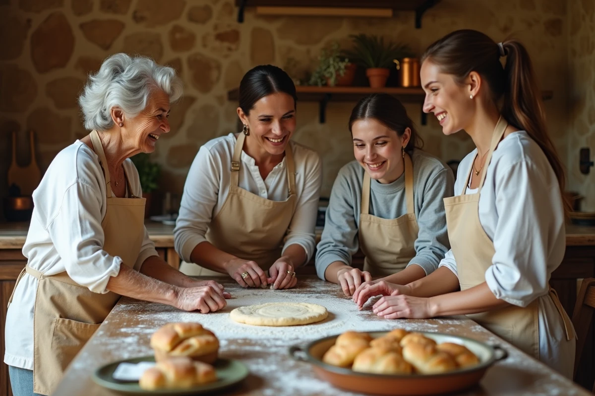 Famille multigénérationnelle préparant ensemble un repas traditionnel français dans une cuisine provençale, symbolisant la transmission des traditions culinaires