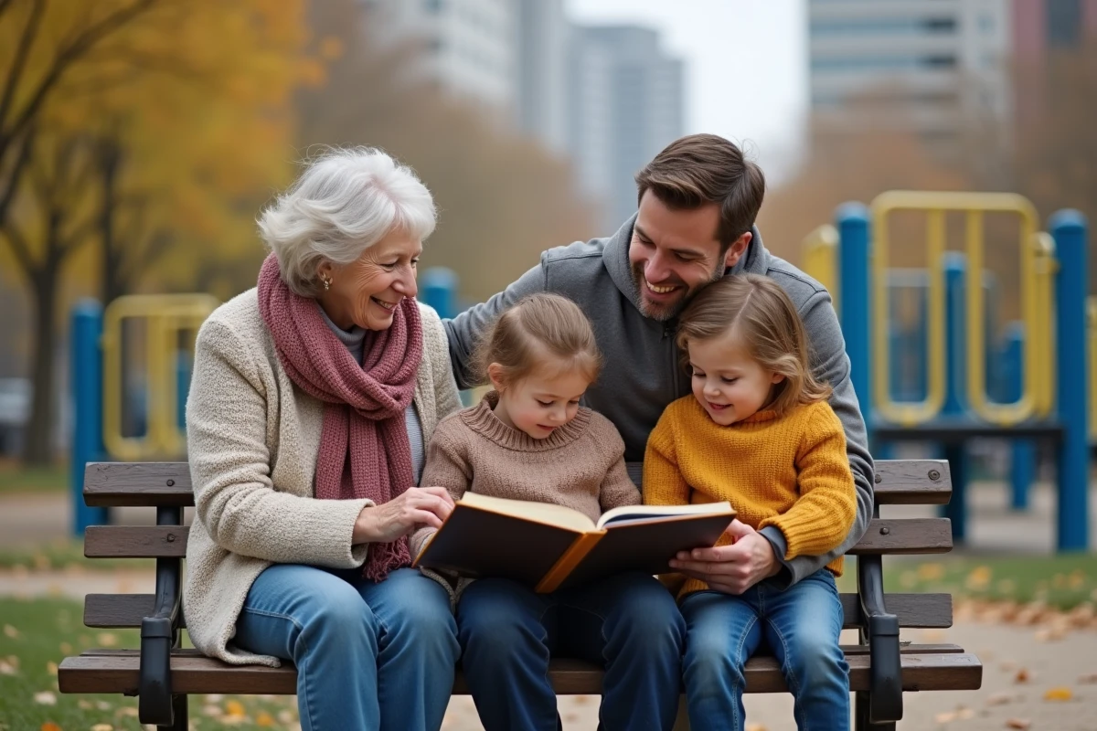 Famille lisant un livre dans un parc urbain en famille