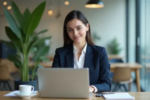 Femme d'affaires en réunion en ligne dans un bureau moderne