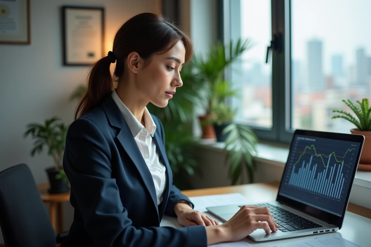 Femme professionnelle analysant des graphiques financiers à domicile