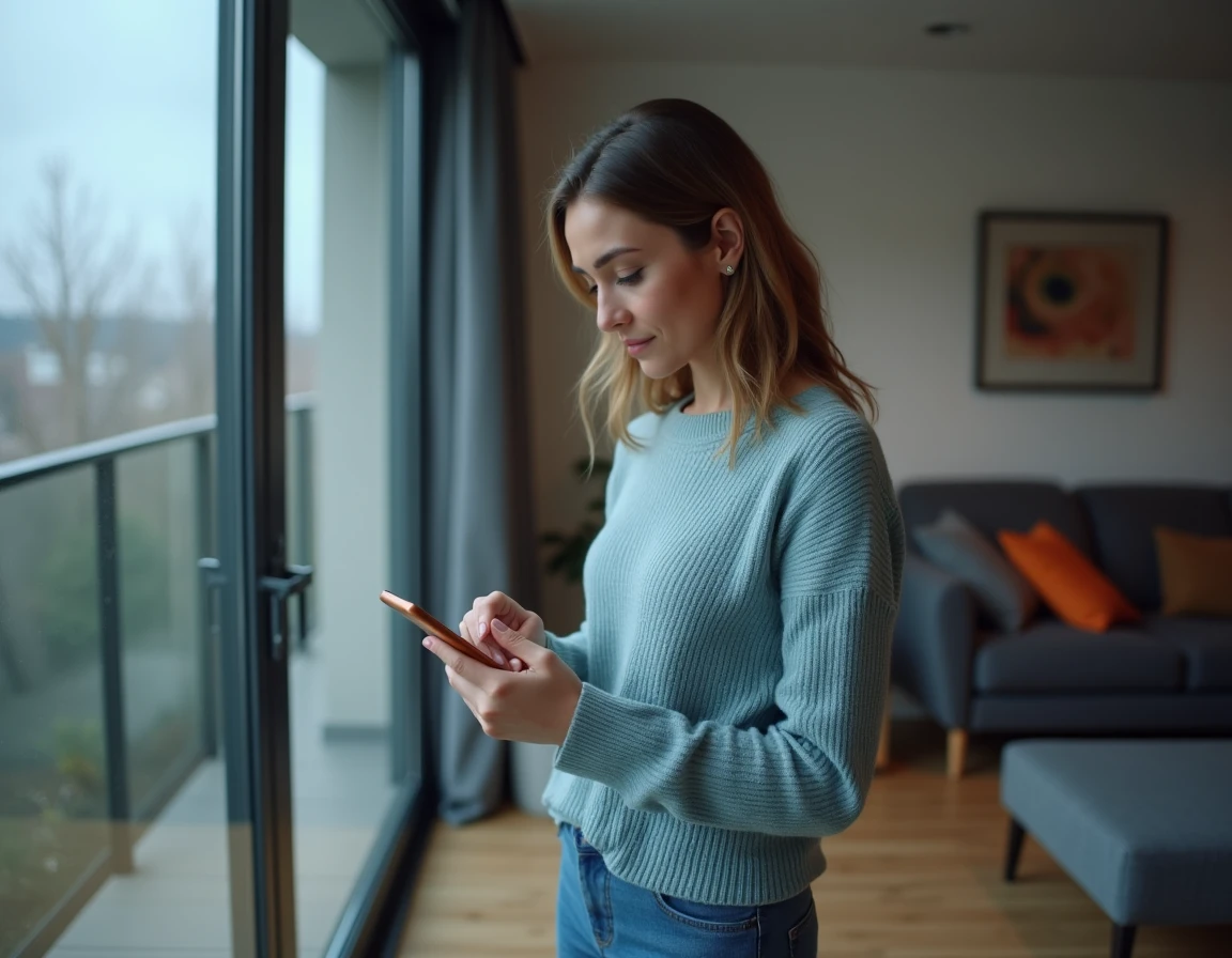 Femme consultant l'application météo sur smartphone près d'une fenêtre sous un ciel nuageux