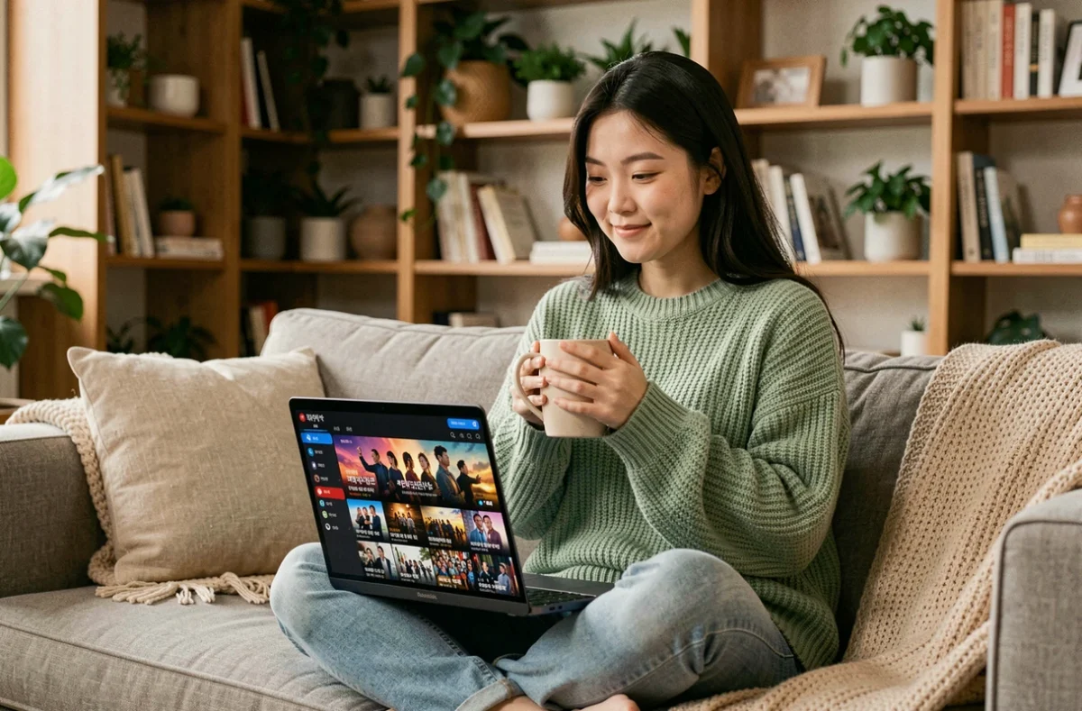 Jeune femme asiatique regardant un drama coréen en streaming sur son ordinateur portable depuis son canapé confortable
