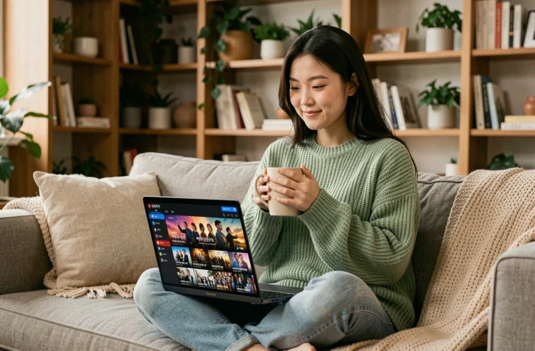 Jeune femme asiatique regardant un drama coréen en streaming sur son ordinateur portable depuis son canapé confortable
