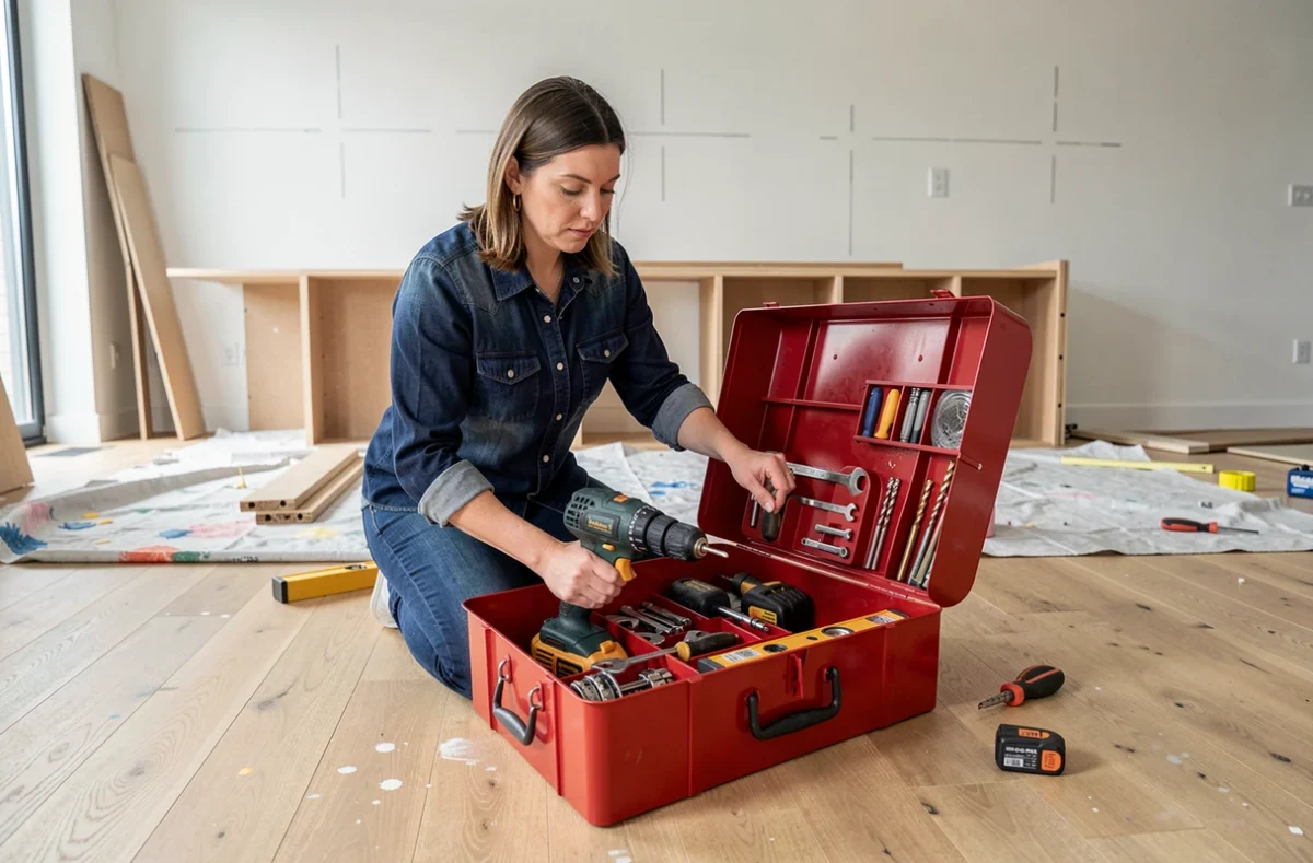 Femme bricolant à domicile avec une boîte à outils complète ouverte sur le parquet d'un salon en rénovation
