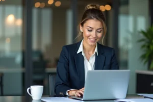 Femme professionnelle en bureau avec ordinateur portable