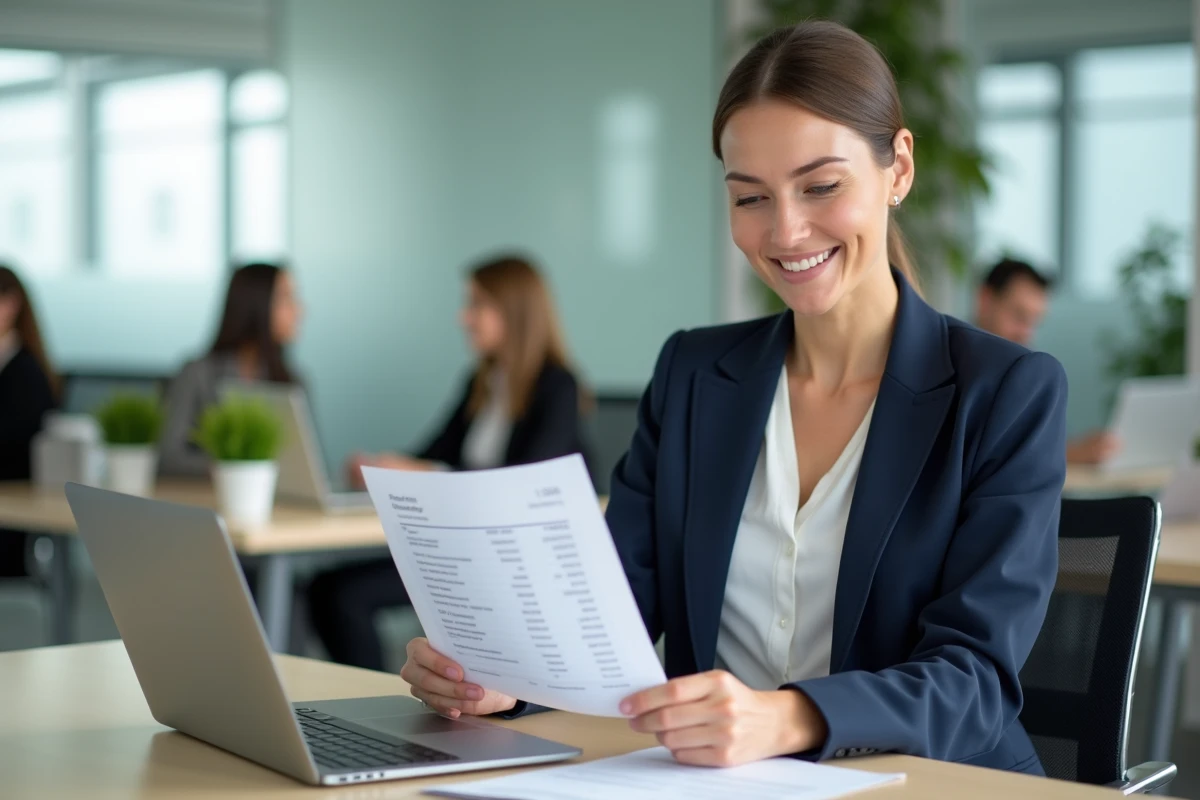 Femme cadre en entreprise consultant sa fiche de paie et calculant la conversion salaire brut net sur un ordinateur portable