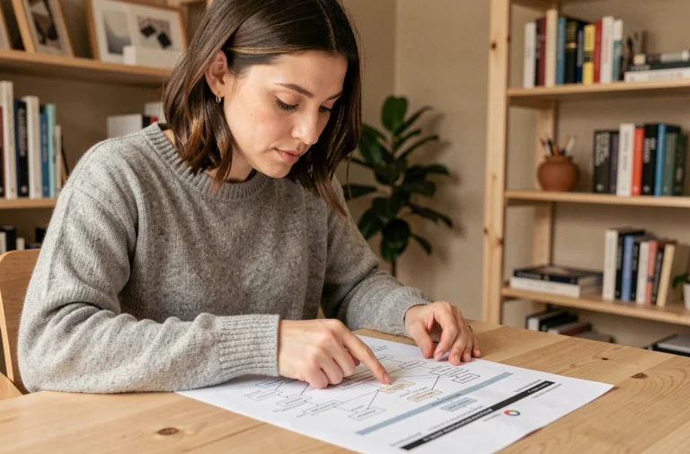 Femme consultant un plan de site web imprimé dans un bureau à domicile organisé