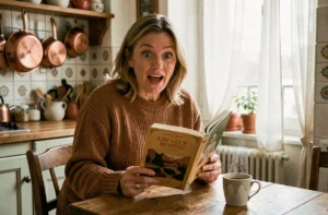 Femme découvrant avec surprise le contenu d'un livre à la table de sa cuisine, illustrant l'émission On ne m'avait pas dit que