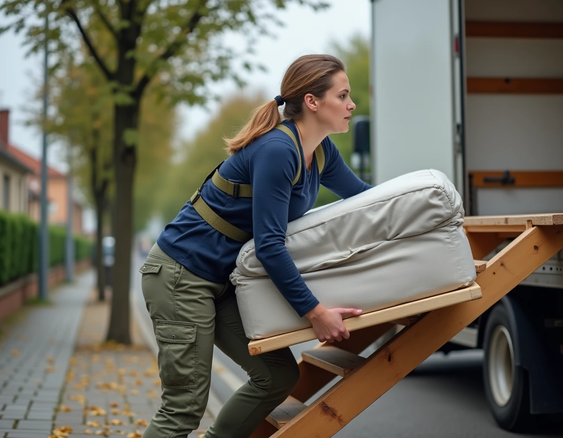 Femme utilisant des sangles de déménagement pour descendre seule un sommier sur la rampe d'un camion de déménagement