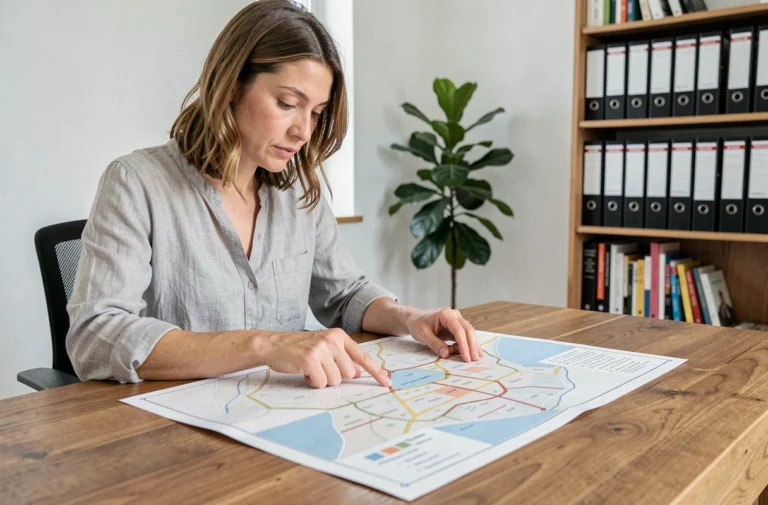 Femme étudiant attentivement un plan de site imprimé sur un bureau en bois dans un bureau à domicile moderne et organisé