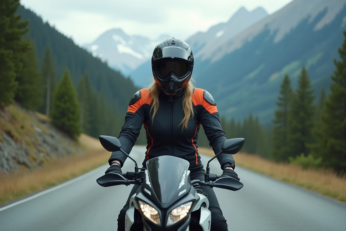 Femme motarde en combinaison textile assise sur une moto adventure face à une route de montagne sinueuse