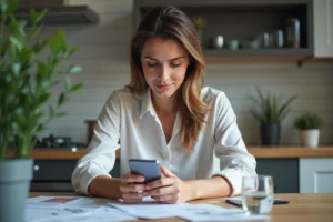 Femme d affaires regardant son smartphone à la maison