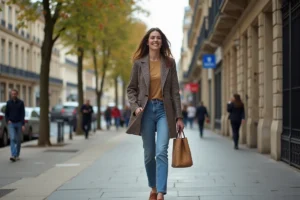 Femme élégante marchant dans Paris avec un manteau à motif