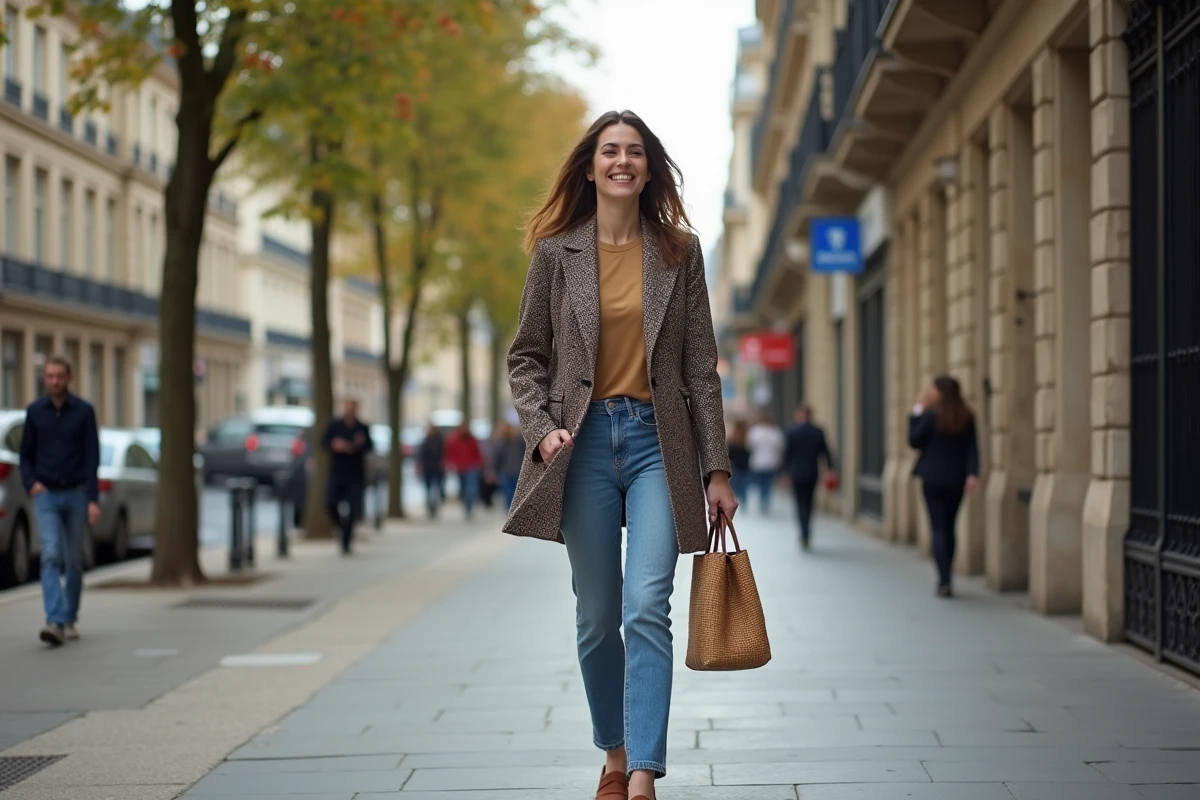 Femme élégante marchant dans Paris avec un manteau à motif