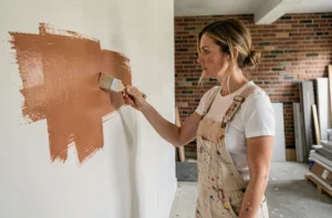 Femme rénovant un mur intérieur en appliquant de la peinture terracotta dans un salon en cours de rénovation