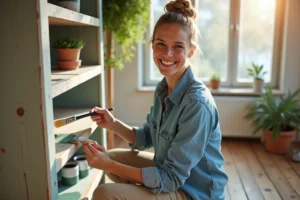 Femme en denim peignant une étagère en bois dans un salon lumineux