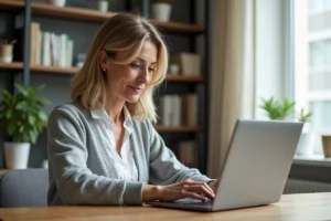 Femme consultant une pharmacie en ligne sur son ordinateur portable depuis son bureau à domicile